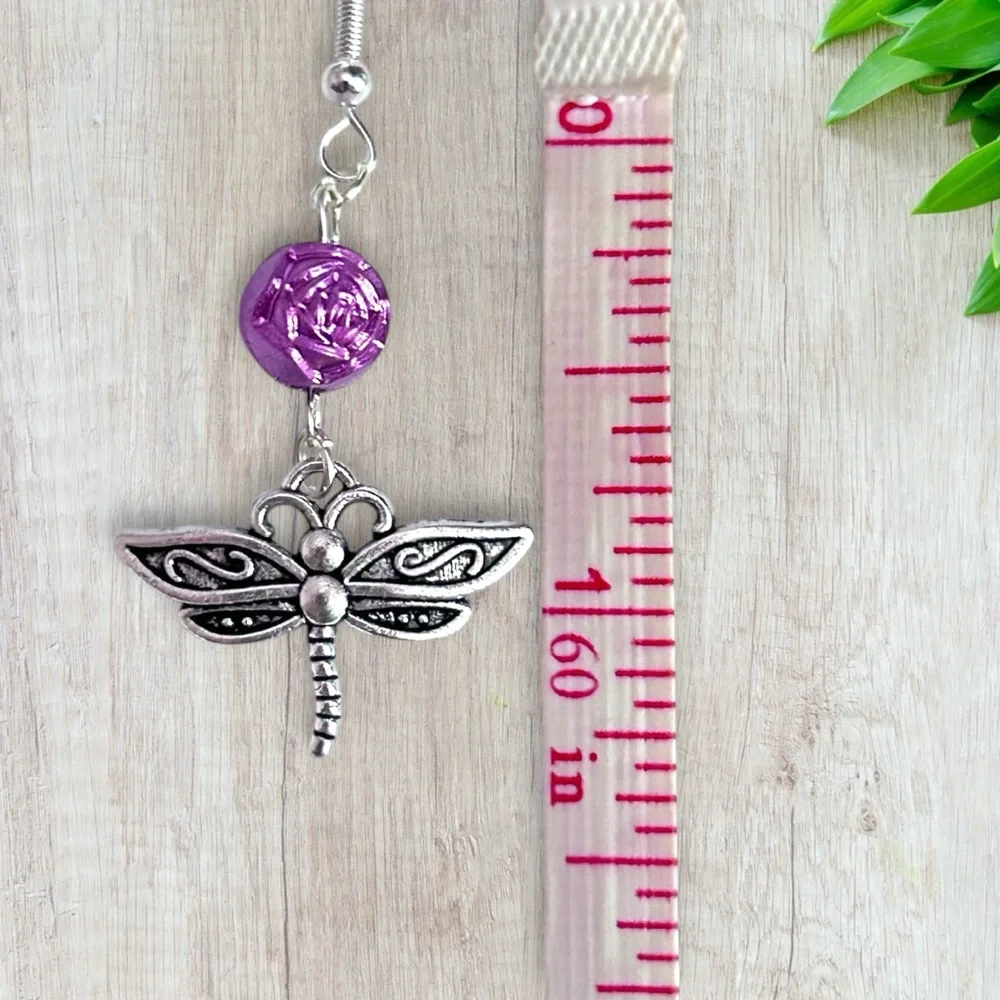 Hand Crafted Earrings Dragonfly ROSE Bead Dangle Silver Pierced Long